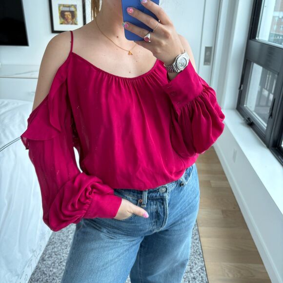 Parker Ruffled  Cold Shoulder Wide Neck Top Fuchsia Size Medium - Picture 1 of 13